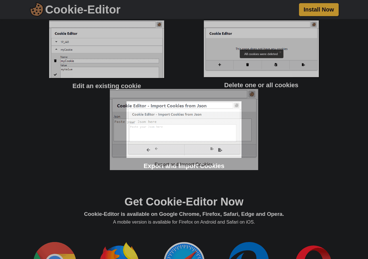 Cookie-Editor feature list with the import and export option