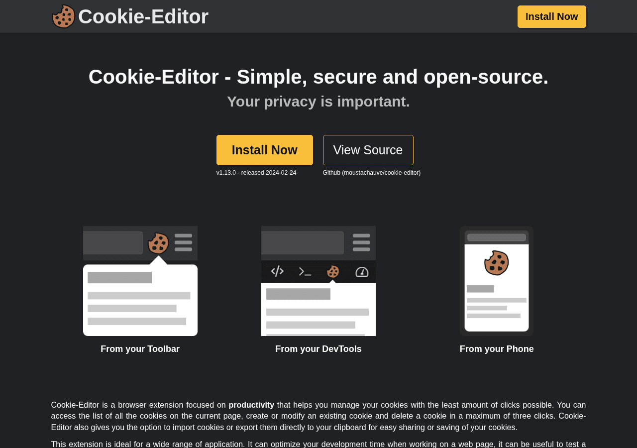 Cookie-Editor homepage, showing the supported browsers and the import/export feature